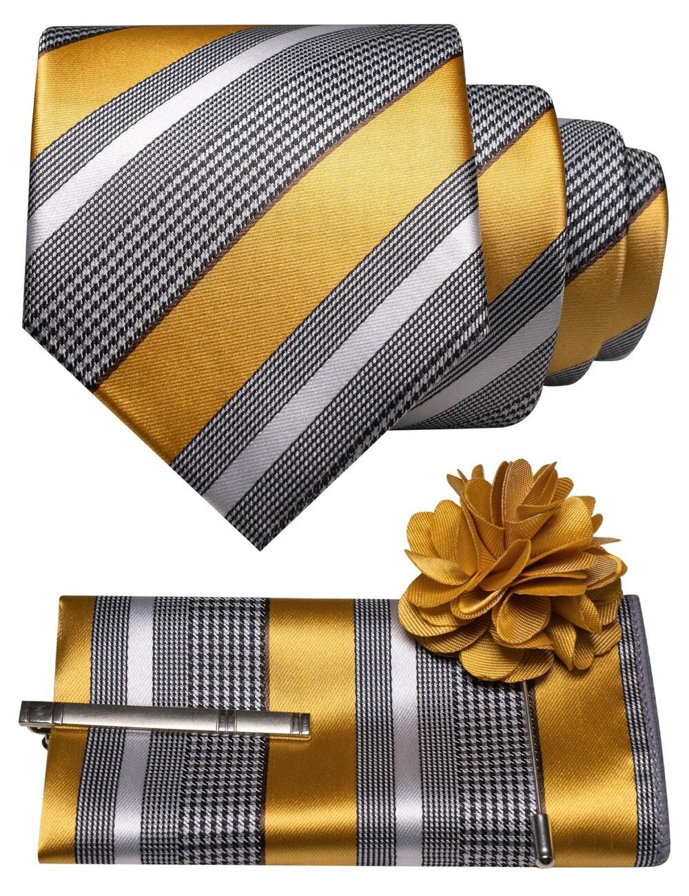 5285 Gold Striped Tie and Lapel Pin Necktie Pocket Square and Tie Clip Sets